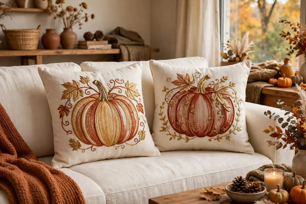 Embroidered pumpkin pillow covers with rust and gold stitching on a cream sofa.