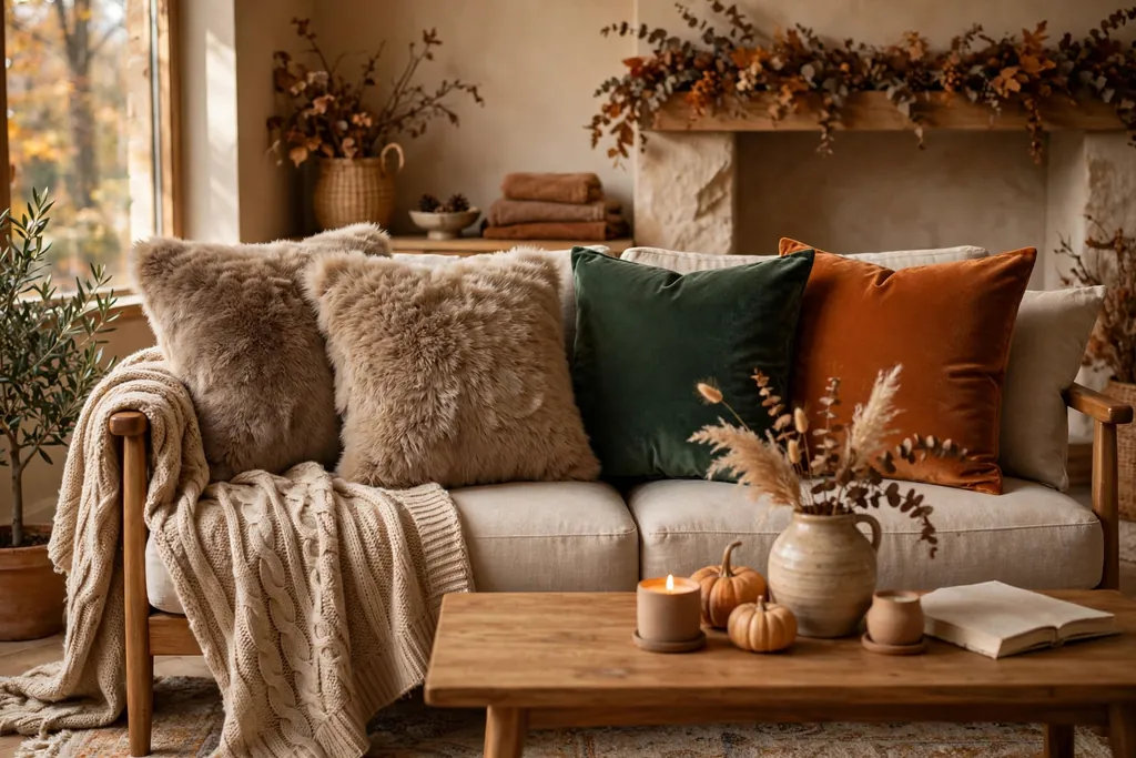 Warm taupe faux fur pillow covers on a sofa next to smooth velvet covers.