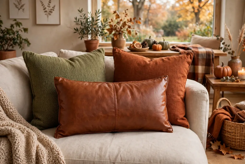 Cognac faux leather lumbar pillow cover centered on a sofa in front of square pillows.