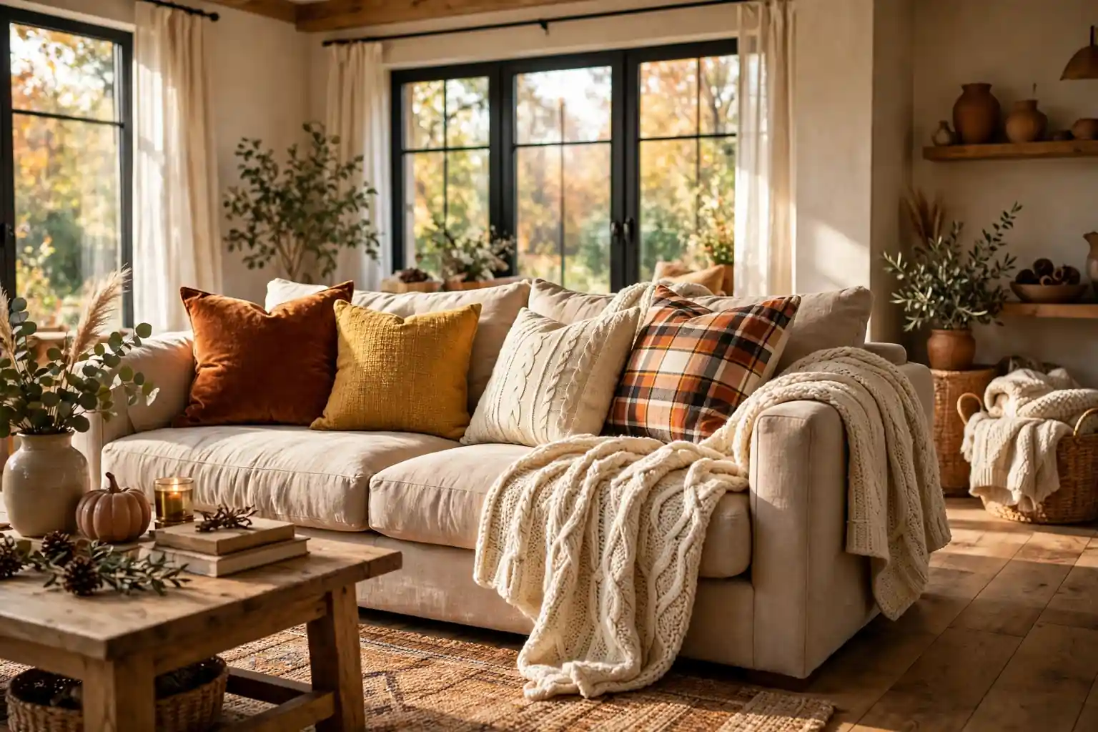 Wide cozy fall living room sofa layered with rust velvet, mustard, cream, and plaid pillow covers, a knit throw, and warm daylight.