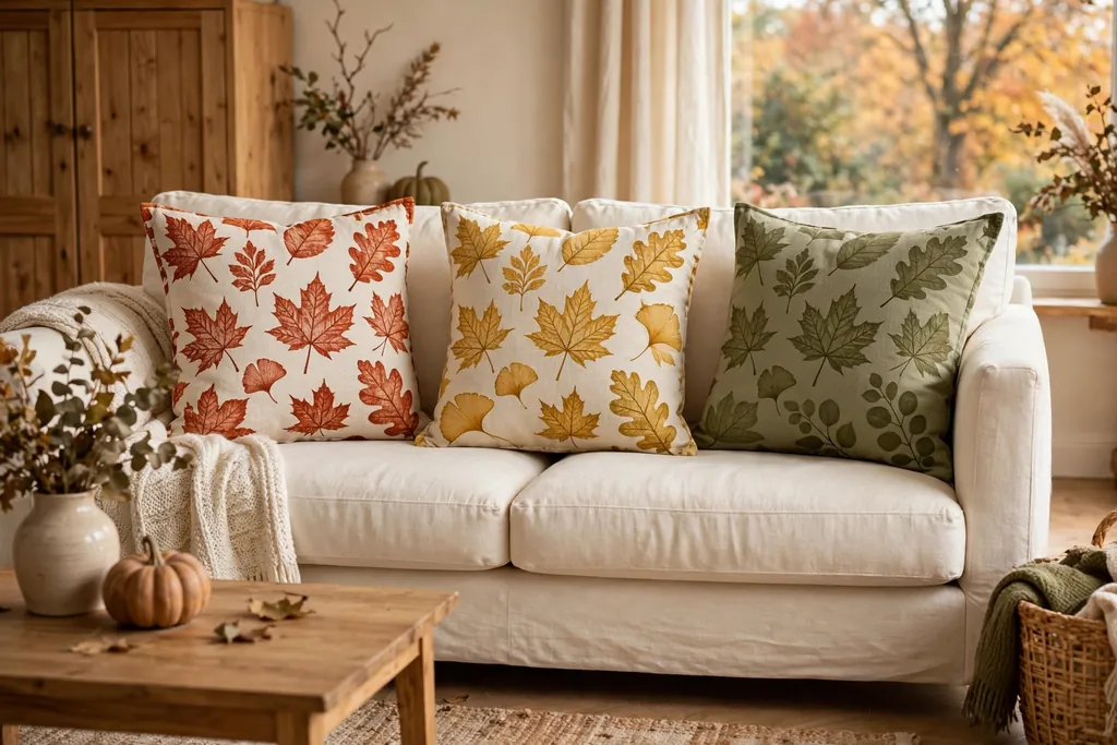 Leaf print linen pillow covers in rust, gold, and olive on a cream sofa.