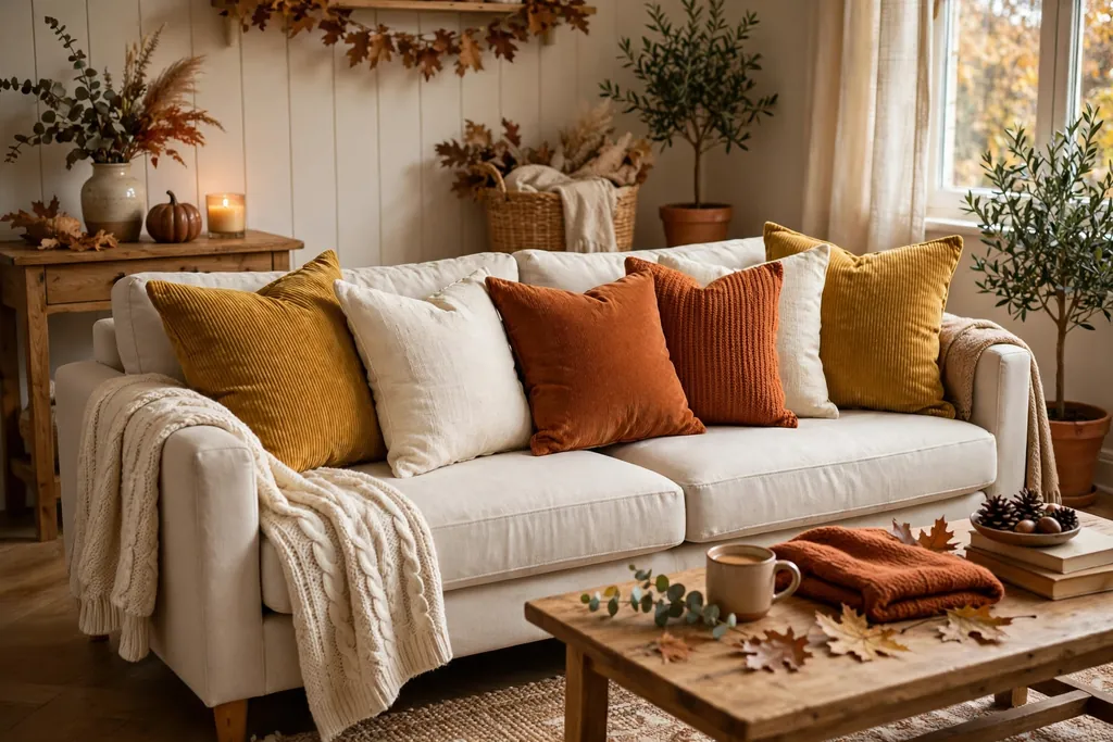 Mustard corduroy pillow covers on a sofa with cream and rust covers.