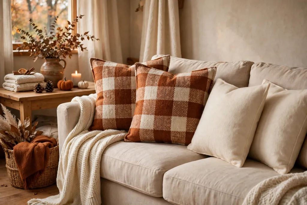 Rust and cream plaid wool pillow covers on a beige sofa with solid cream covers beside them.