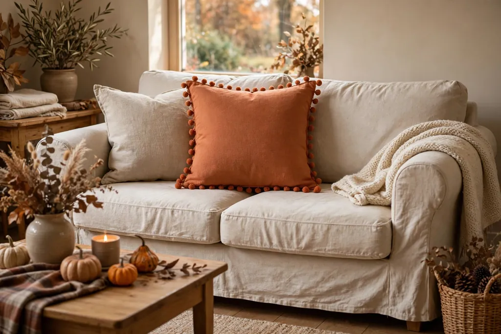 Terracotta pillow cover with pom pom trim on a sofa with plain linen covers.