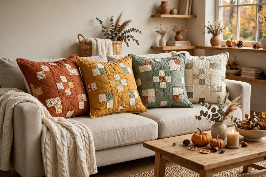Quilted patchwork pillow covers in rust, mustard, sage, and cream on a neutral sofa.