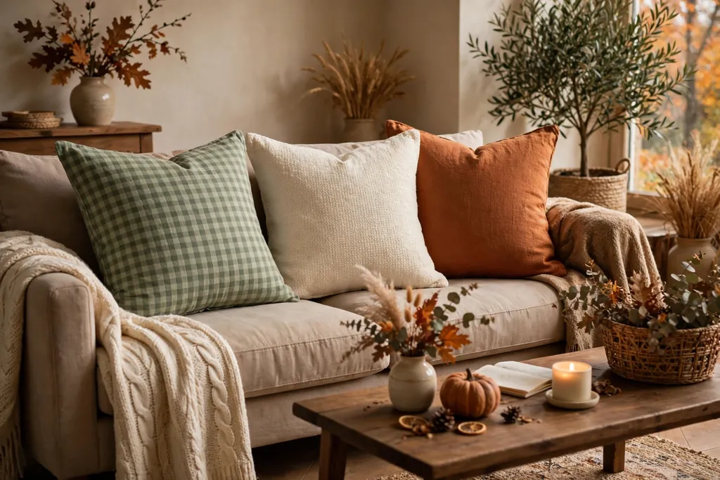 Sage gingham pillow covers on a sofa paired with cream and rust solid covers.