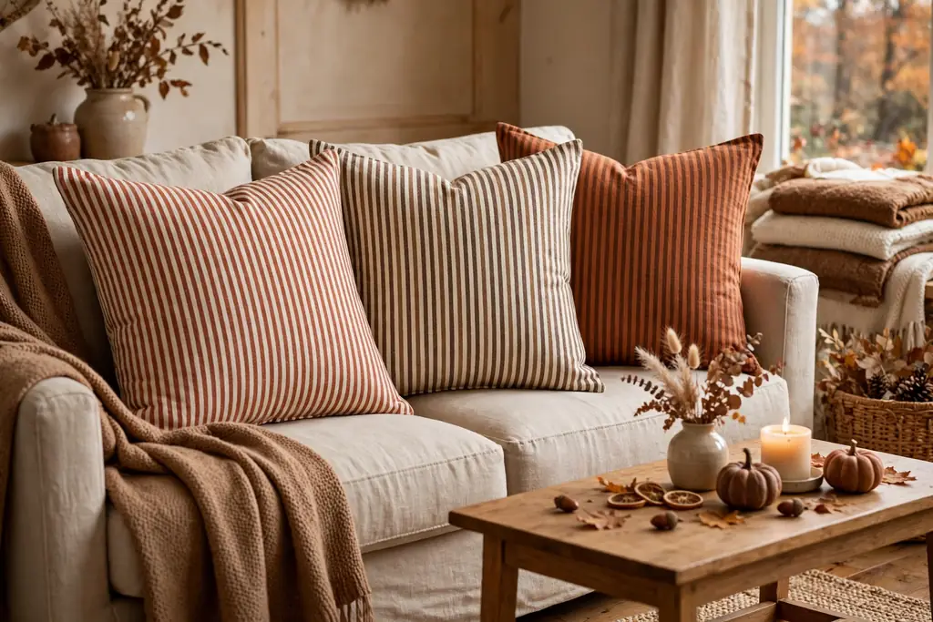 Harvest ticking stripe pillow covers in rust, cream, and brown on a sofa.
