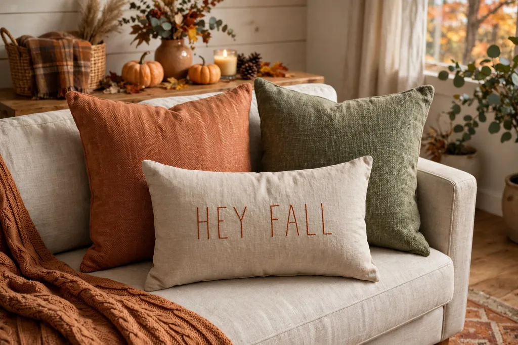 Fall typography lumbar pillow cover with simple seasonal lettering on a sofa in front of square pillows.