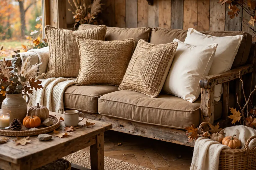 Natural woven jute blend pillow covers on a rustic sofa with soft cream covers beside them.