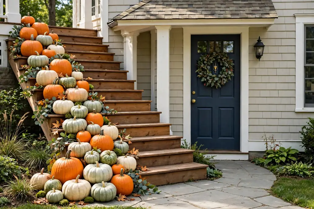 Pumpkins in orange, cream, and pale green arranged down one side of porch steps.