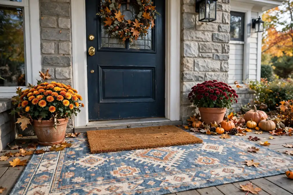 Patterned outdoor rug layered under a coir doormat at a front door.