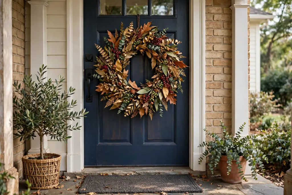 Dried leaf and berry wreath in rust, gold, and green on a front door.