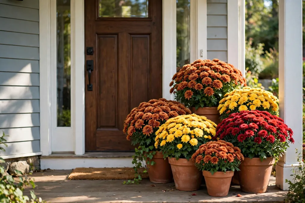 Terracotta pots of rust, gold, and red mums beside a front door.