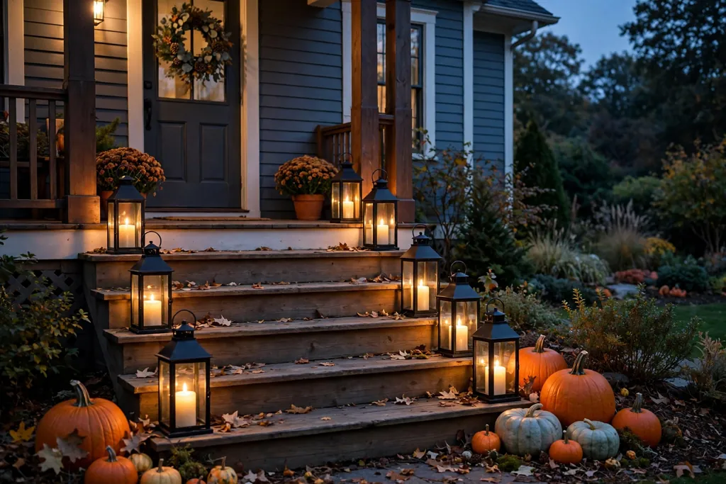 Metal lanterns with pillar candles lined along porch steps.