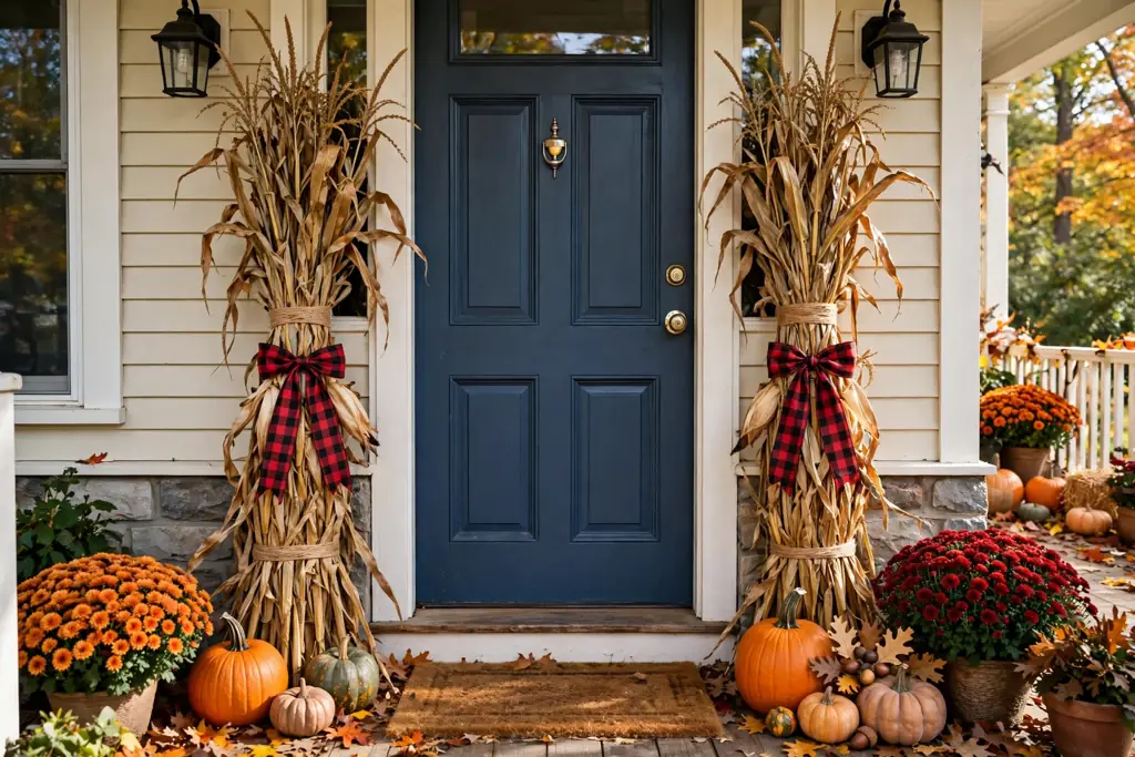 Dried corn stalk bundles tied with twine flanking a front door.