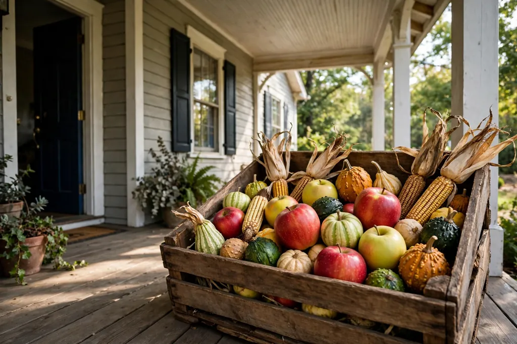 Wooden crate filled with apples, small gourds, and dried corn on a porch.