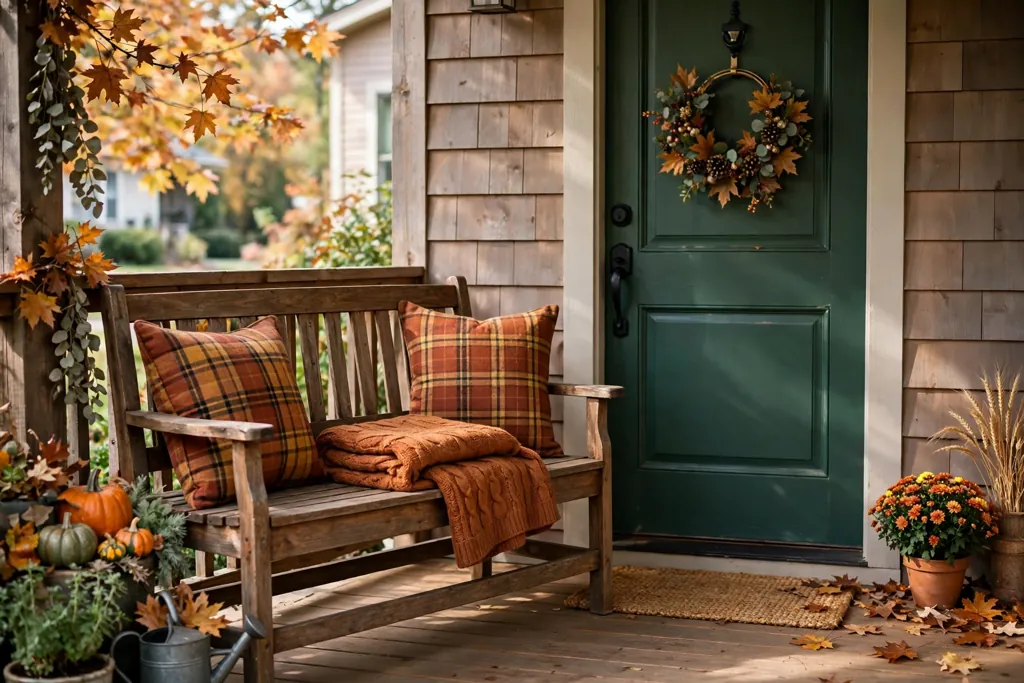 Porch bench with plaid cushions and a folded throw.