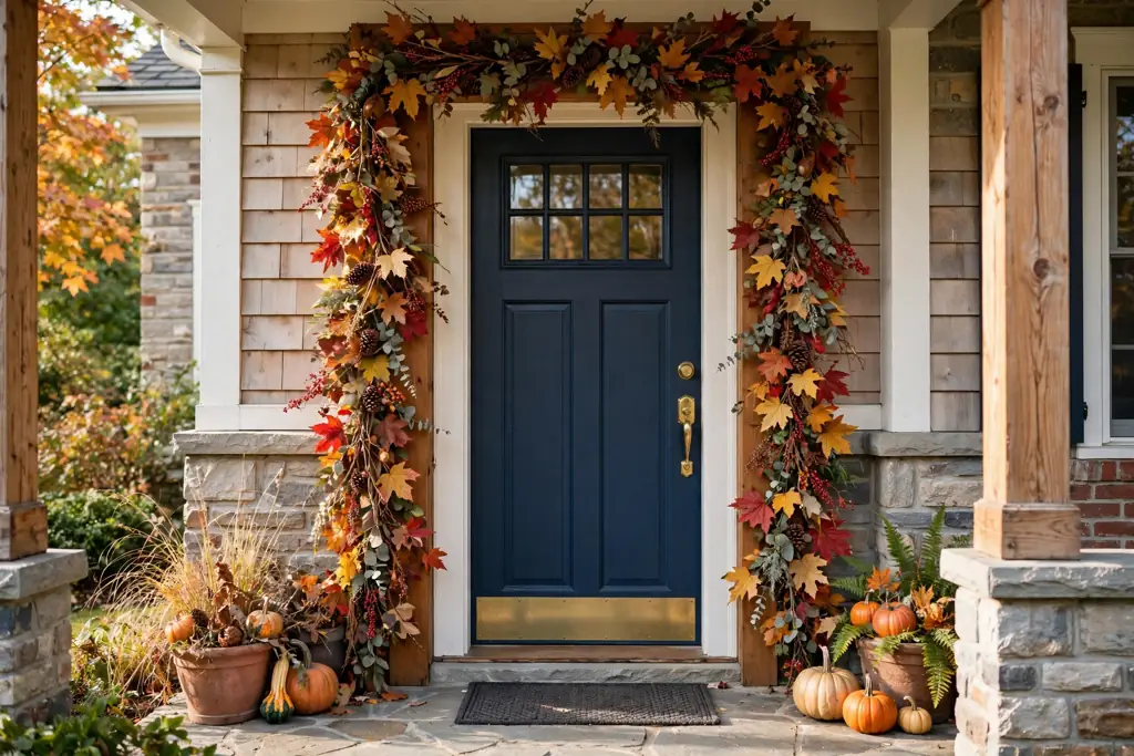 Fall leaf garland draped around a front door frame.