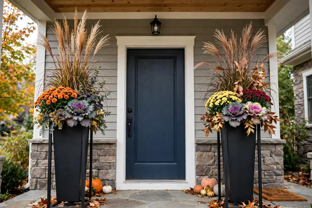 Tall planters with grasses, mums, and ornamental kale beside a front door.