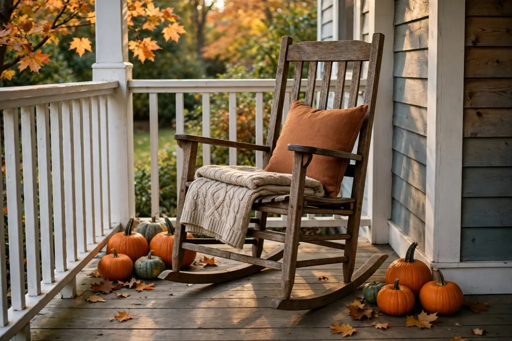 Rocking chair with a rust pillow and a folded blanket on a porch.