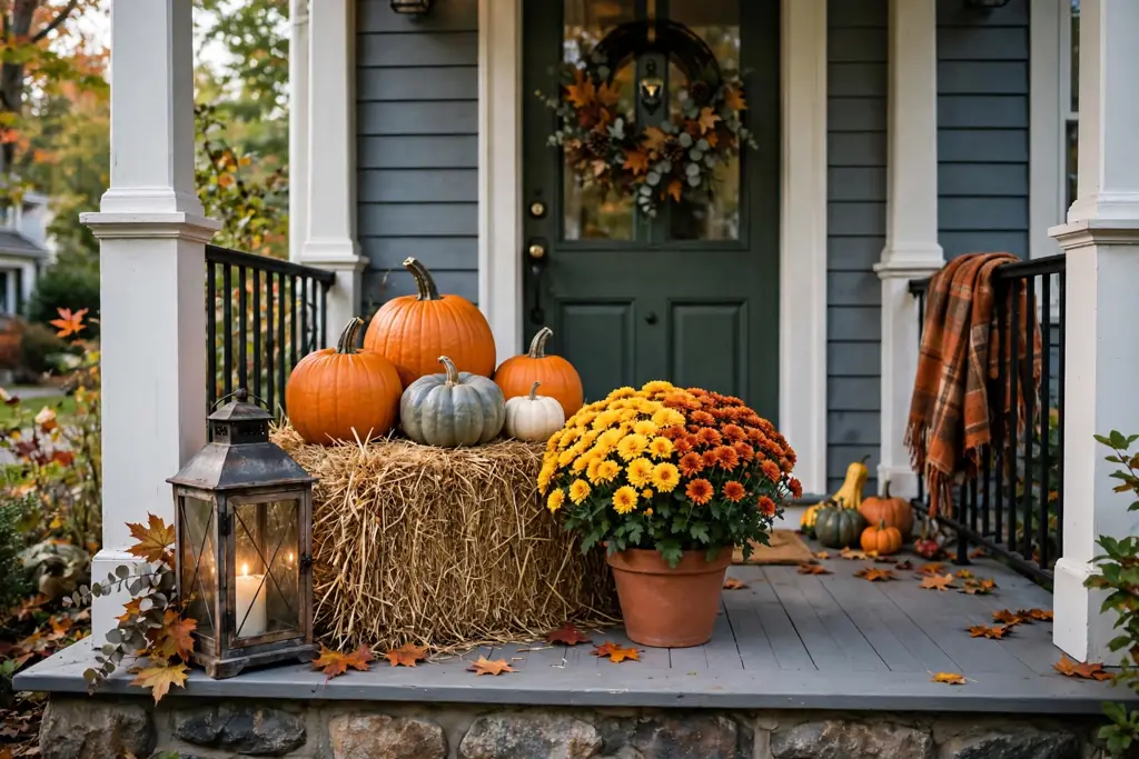 Hay bale topped with pumpkins, mums, and a lantern on a porch.