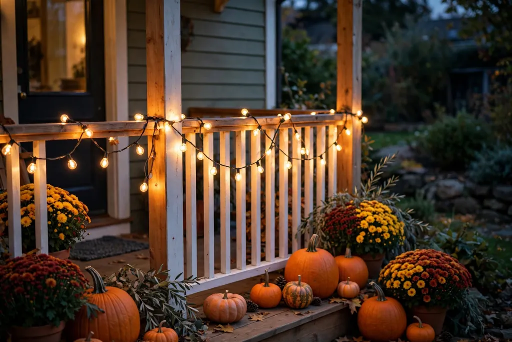 String lights draped along a porch railing in the evening.
