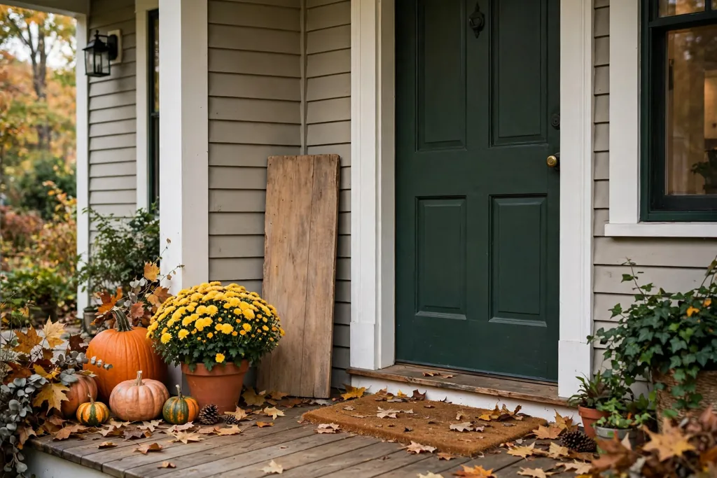 Wood welcome sign leaning beside a front door with pumpkins nearby.