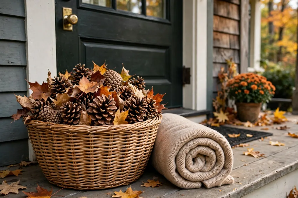 Woven basket with pinecones, dried leaves, and a rolled blanket by a door.