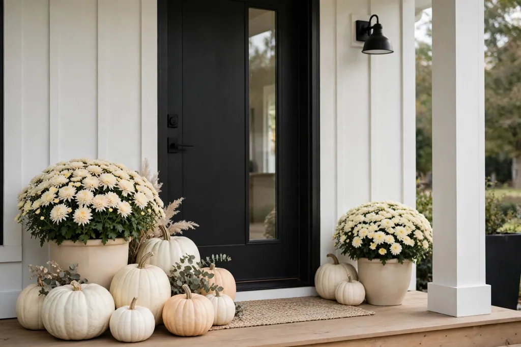 White and cream pumpkins grouped by a front door with cream mums.