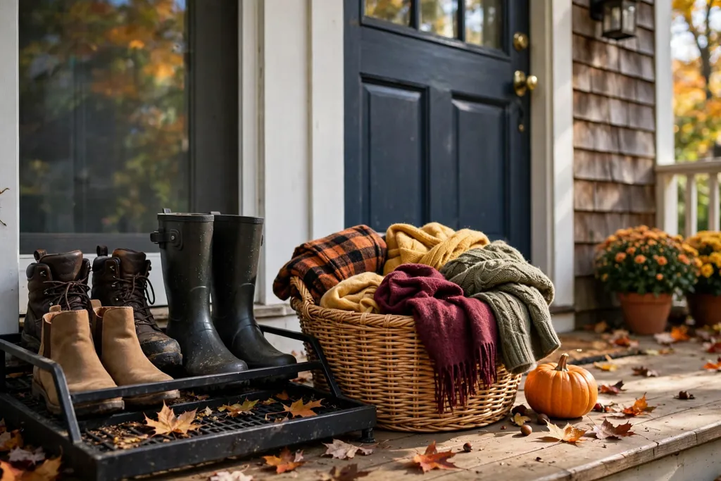 Boot tray with shoes and a basket of scarves beside a front door.