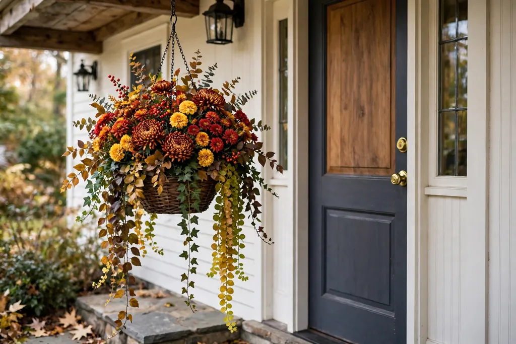 Hanging basket of fall flowers in rust, gold, and red beside a door.