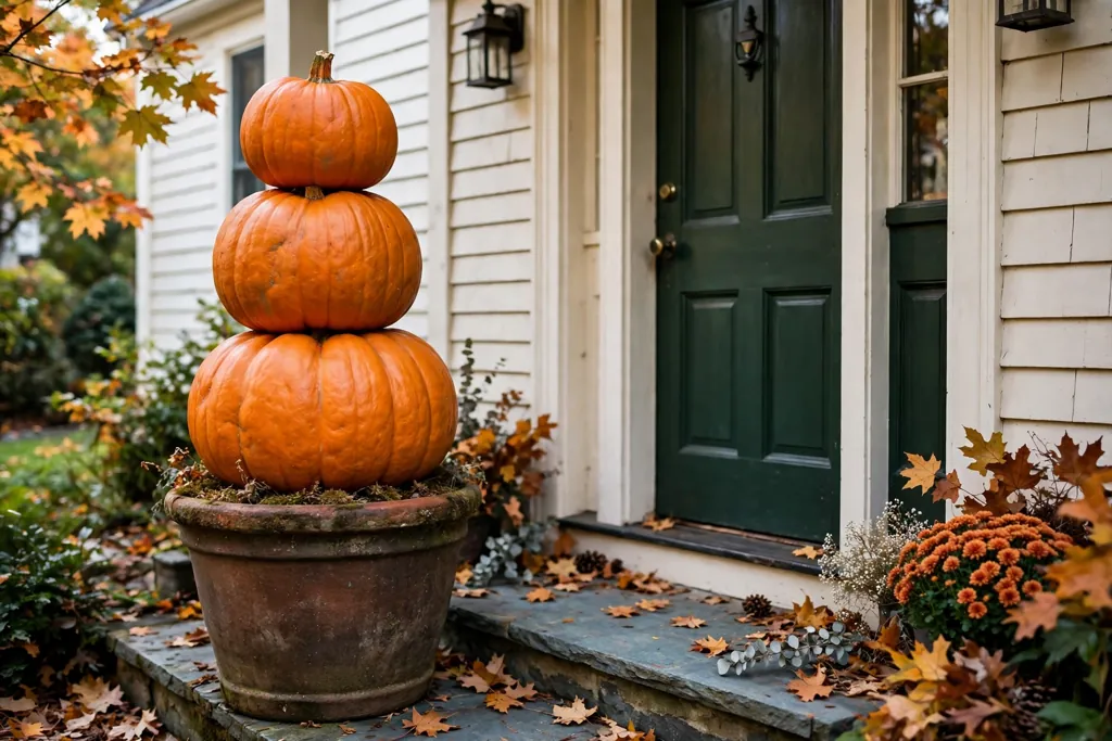 Stacked pumpkin topiary of three pumpkins in a heavy pot by a stoop.