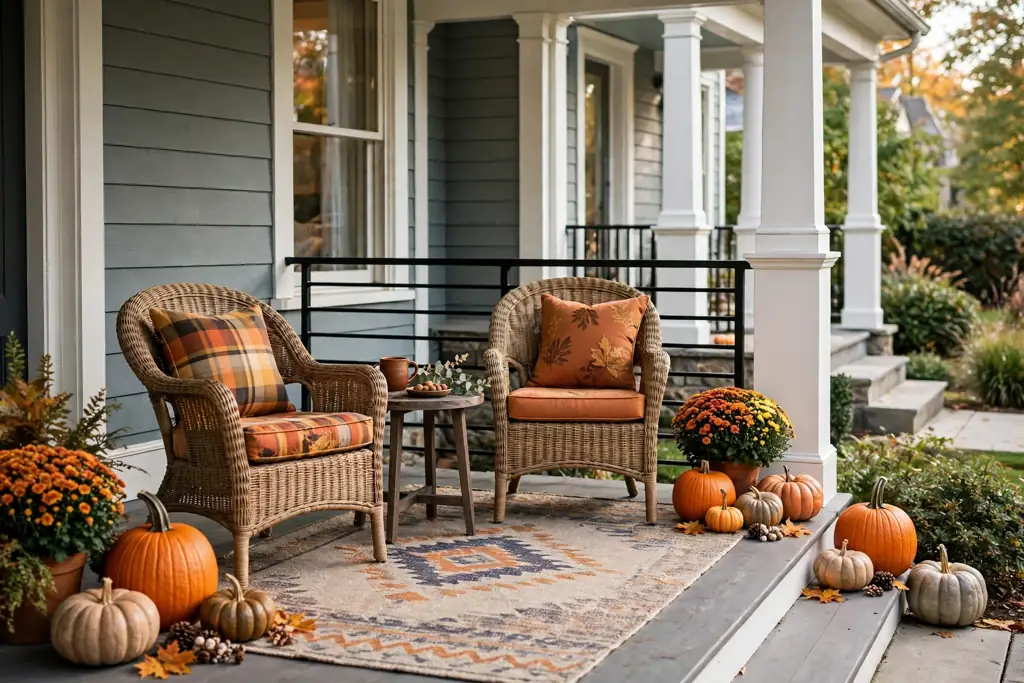 Wide porch seating nook with an outdoor rug, two chairs, and a small table.