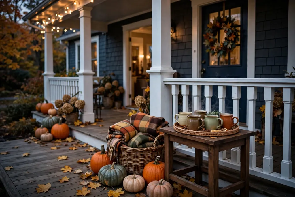 Side table with a cider tray, mugs, and a basket of blankets on a porch.