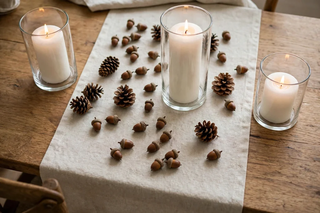 Plain runner with a light scatter of acorns and pinecones and pillar candles in glass holders on a dining table.
