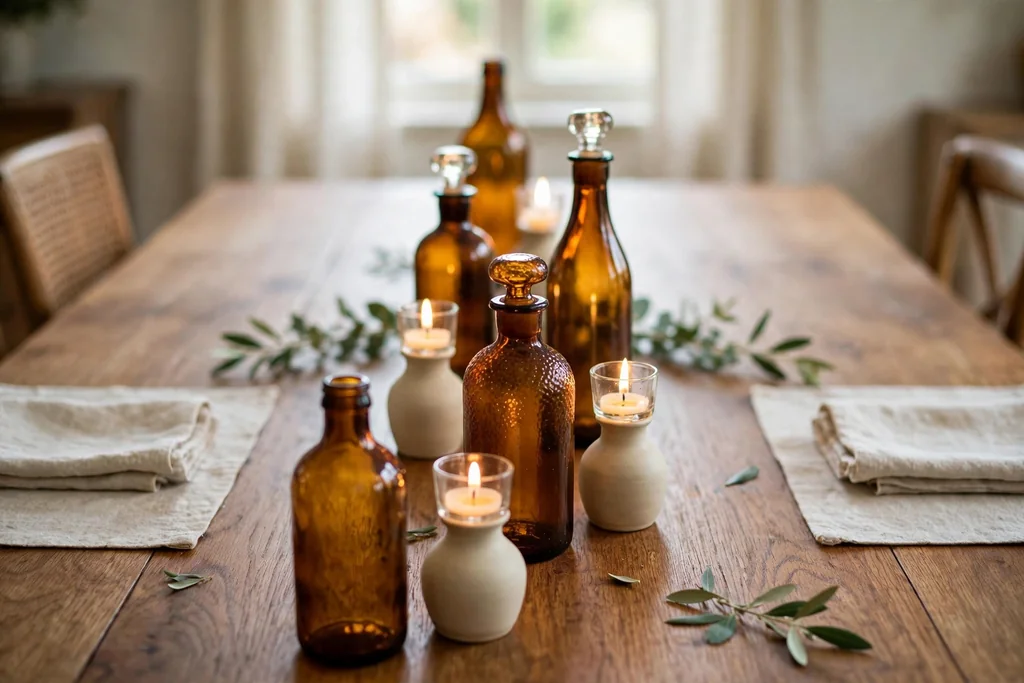 Amber glass bottles and small vases with short candles between them down the center of a dining table.