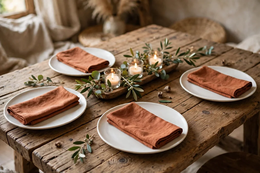 Bare rustic wood dining table with folded linen napkins in rust, plain plates, and a low candle centerpiece.