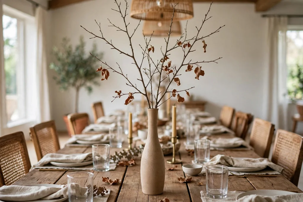 Tall narrow vase with bare branches and a few dried leaves in the center of a long gathering table.