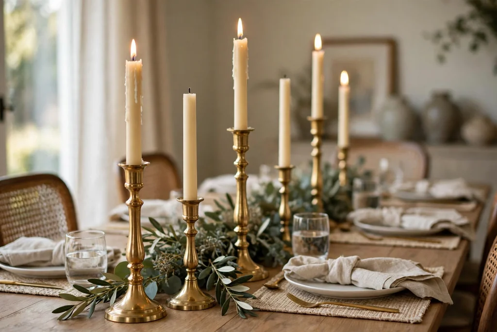 Brass candlesticks of two heights with cream taper candles down the center of a dining table.