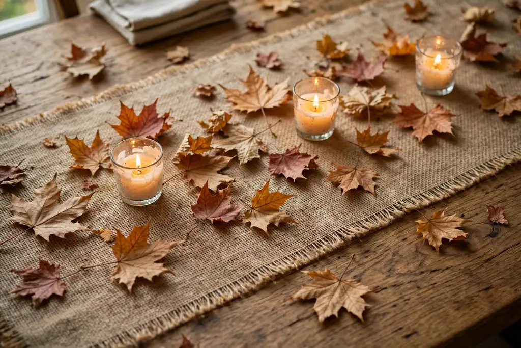 Burlap runner on a dining table with a light scatter of dried maple leaves and small candles in holders.
