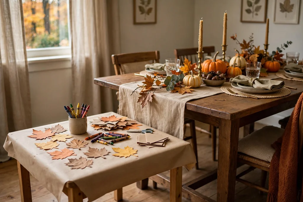 Small table covered with plain paper, paper leaves, and crayons set for children beside a fall dining table.