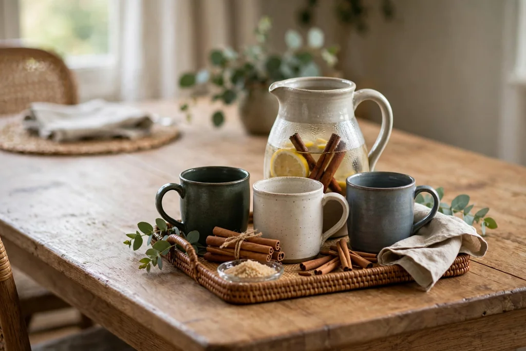Small drink station tray at the end of a dining table with mugs, a jug, and cinnamon sticks.