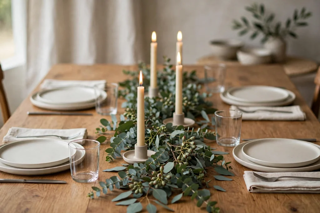 Low eucalyptus runner down a dining table with taper candles in simple holders and plain place settings.