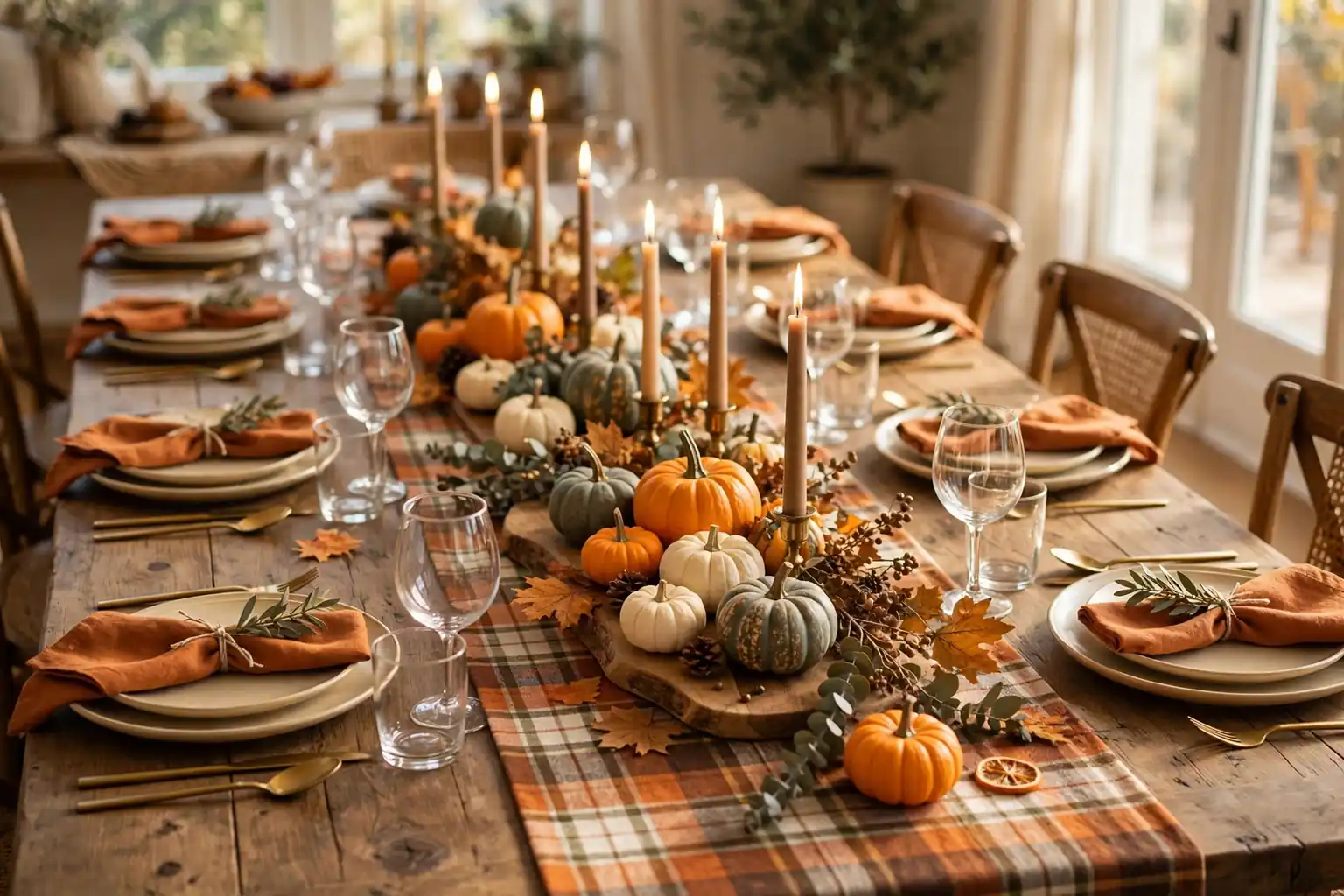 Wide fall dining table with a wood board centerpiece, small pumpkins, taper candles, plaid runner, and place settings in warm daylight.