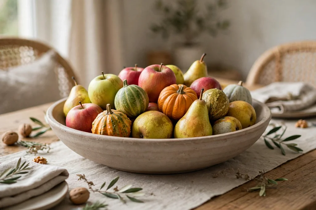 Wide shallow bowl filled with apples, pears, and small gourds as a centerpiece on a dining table.