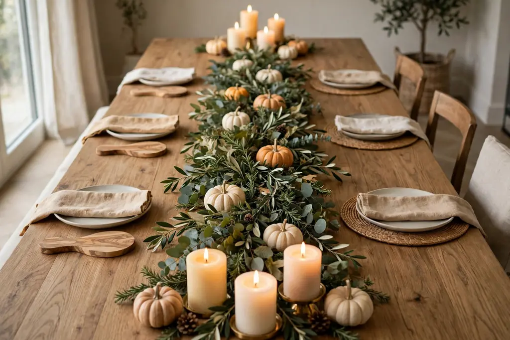 Leaf garland down the center of a long dining table with mini pumpkins and candles at each end.