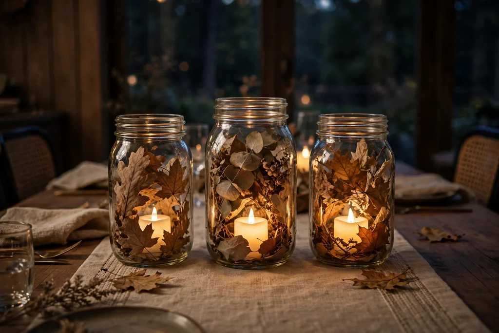 Mason jars with battery candles and dried leaves inside, set down the center of a dining table in the evening.