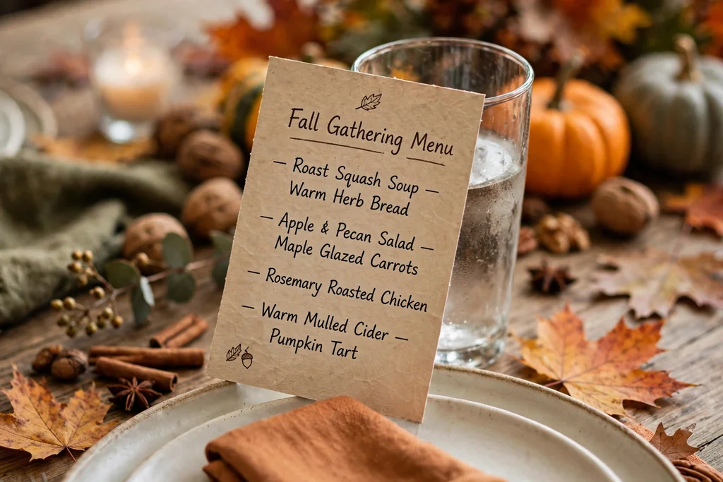 Handwritten menu card leaning against a glass above a plate on a fall gathering table.