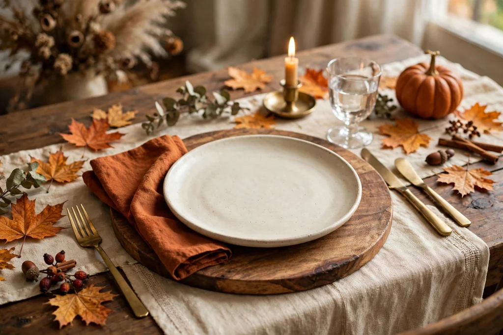 Place setting mixing a wood charger, cream ceramic plate, and rust napkin on a fall dining table.