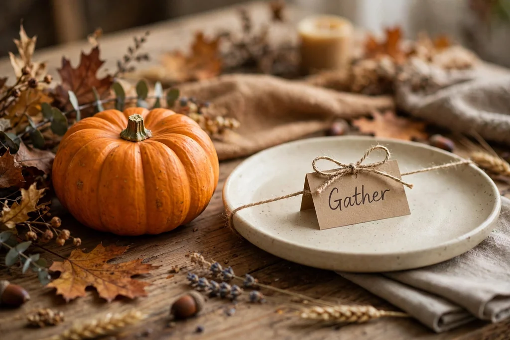 Mini pumpkin beside a plate with a small handwritten place card tied with twine on a fall table.